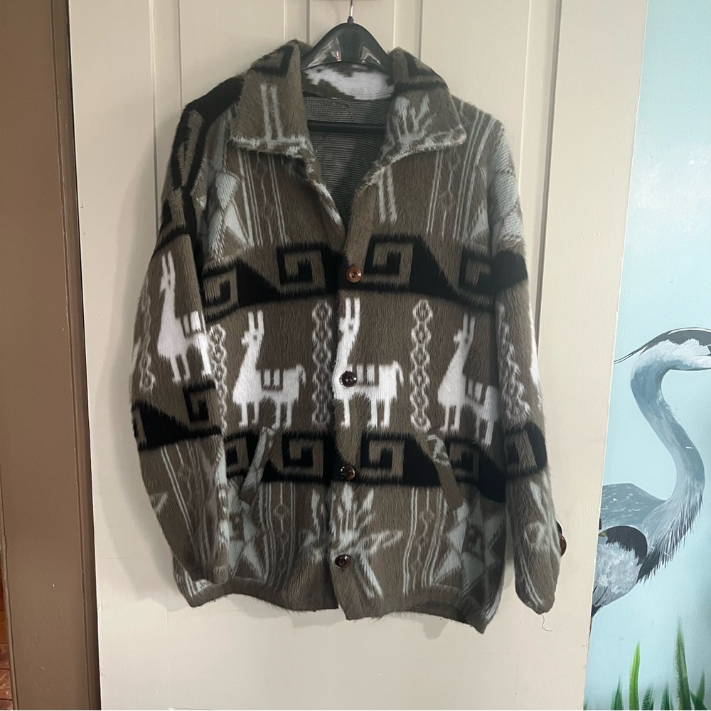Unisex Llama Patterned Cardigan - Brown and White
